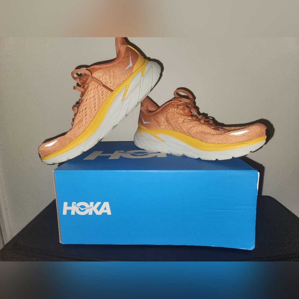 Women's Orange Peach Hoka Clifton 8 Athletic Running Shoes Sneakers Size 8B